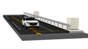 Rendering della strada di Honda per la ricarica wireless dinamica, con un'auto elettrica che passa sopra le unit&agrave; di trasmissione annegate nell'asfalto